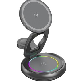 3-in-1 Wireless Charging Stand for MagSafe with RGB Light Base, Adjustable Phone Mount, Black