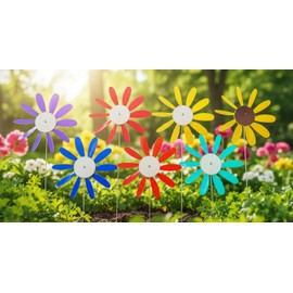 Beloit Plastics Spinning Daisy (6 Pack Random Color) Tall Pinwheel and Wind Spinner for Garden, Lawn, or Patio,Front or Back Yard Decoration,USA Made