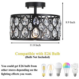 Sheenkarion Crystal Black Semi Flush Mount Ceiling Light,Modern Farmhouse Ceiling Lighting Fixture, Round Hallway Lighting Fixtures for Kitchen Entryway Bedroom Laundry,1-Light,12 Inch