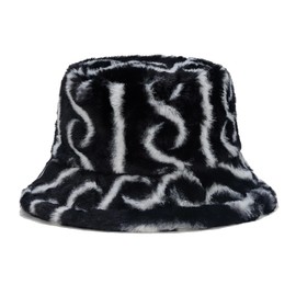 Quanhaigou Winter Faux Fur Bucket Hat,Fuzzy Warm Hat for Women Men, Fluffy Fisherman Cap (Stripe Black White)