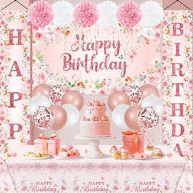 Pink Flowers Birthday Decorations for Women Girls Glitter Rose Gold Floral Happy Birthday Banner Backdrop Balloons Tablecloth Paper Pom Poms for Baby Shower Wedding Birthday Party Supplies