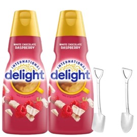 Candy Freezer International-Delight Liquid Coffee Creamer.- Two (2) 32 fl oz Bottles of Creamy Smooth Delightful Coffee Creamer and Mini Metal Spoons (White Chocolate Raspberry) Shovel Spoons