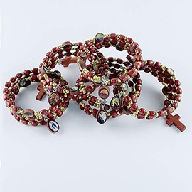Wrap Around Wooden Rosary Bracelet (6 PCS) - Baptism Favors/First Communion/Religious Event/Sunday School with Different Saints