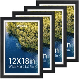 TENIBYC 12x18 Picture Frame Set of 4 - Black, Display Pictures 11x17 with Mat or 12 x 18 without Mat, HD Tempered Glass, Gallery Wall Hanging, Home and Office Decoration