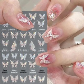 BSBTBZ 2PCS Laser Butterfly Nail Art Sticker 5D Embossed Pink Aurora Fairy Glitter Butterfly Nail Decals Holographic Pink Butterfly Nail Sticker Charm Manicure Decoration