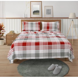 LANE LINEN Cotton Flannel Sheets Queen Size - Brushed for Extra Softness - Durable 100% Cotton Sheets Queen Size Set - Warm Flannel Winter Sheets Queen Size, 15" Deep Pocket Queen Sheets - Red Stripe