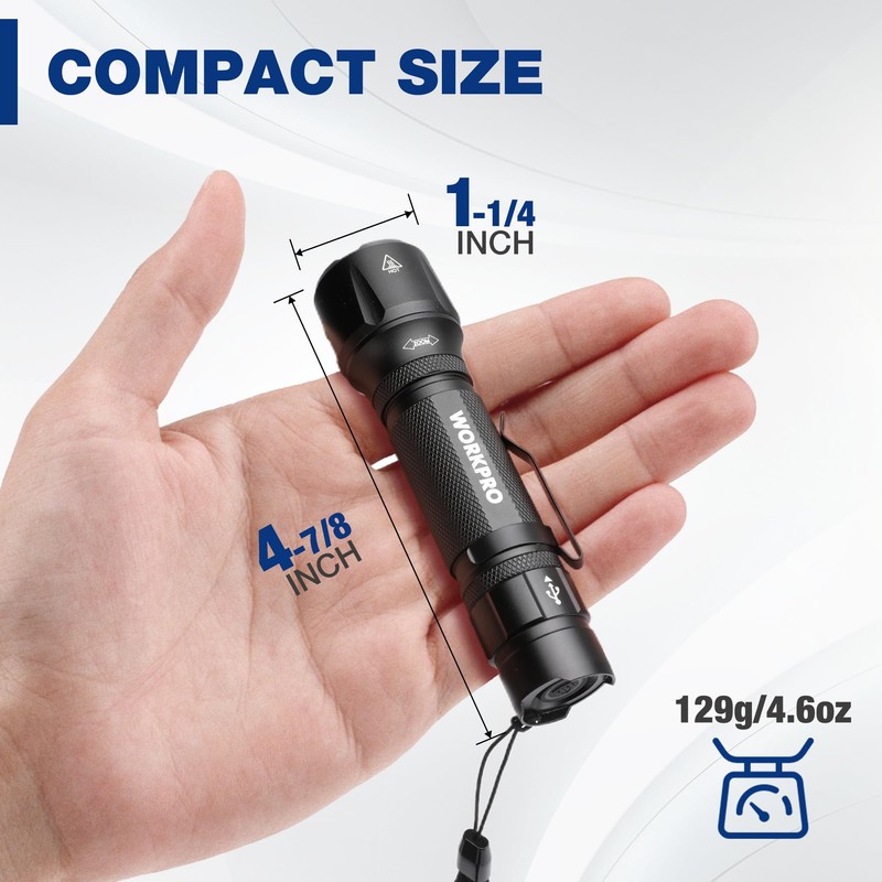 WORKPRO 1200LM Tactical Flashlight, Rechargeable EDC Mini Flashlight, Pocket Flashlight