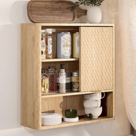 Cooday Diamond Texture Bathroom Wall Cabinet, Wall Mounted Storage Organizer with Fluted Sliding Door, Natural Oak Color, Bathroom Wall Cabinet for Kitchen, Living Room