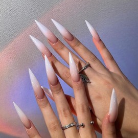 SINHOT Stiletto Press on Nails Long Fake Nails Glossy Glue on Nails White Gradient Acrylic Nails Almond Artificial Nails Nude Natural False Nails with Design 24 pcs