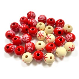Wooden Beads, 30 Pcs Snowflake Christmas Wooden Beads for Crafts, Making Jewellery, Home Decor, DIY Christmas Party Supplies (Red, Wood Color)
