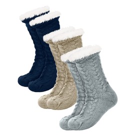 3 Pares Calcetines Pantuflas Navideños Peludos Antideslizantes Cálidas con Forro Polar para Mujer (Café Claro, Gris, Azul)
