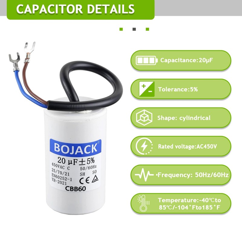 BOJACK 20 uF 450V AC 20 MFD CBB60 Wire Lead