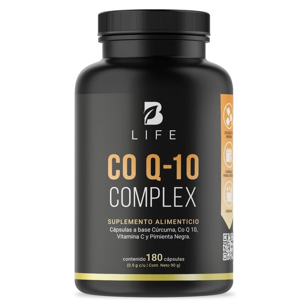 CoQ10 de 180 Cápsulas. Ingredientes naturales: Coenzima Q10, Cúrcuma y Vitamina C. Co Q-10 Complex B Life
