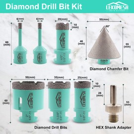 LEKOMESH Diamond Core Drill Bits Set 8pcs Tile Hole Saw Kit for Porcelain Tile Ceramic Marble Brick Concrete with 5/8-11 Thread(6/6/20/25/35/50mm+50mm Beveling Chamfer Bit+Triangle Shank Adapter)