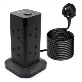 AJP Tower Extension Lead with USB Slots 8 Way Plug Extension Tower Surge Protected Extension Lead with Switch Multi Plug Socket Extension for Microwaves, Blenders, Toasters, and Coffee Makers