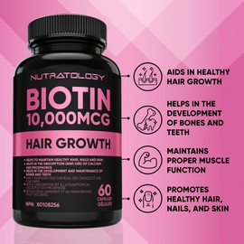 Biotin 10000MCG Hair Vitamins For Hair Growth Women - Promotes Healthy Skin & Nail Growth - Supports Muscle Function - Biotin Supplement - Hair Growth Products for Women - 60 capsules