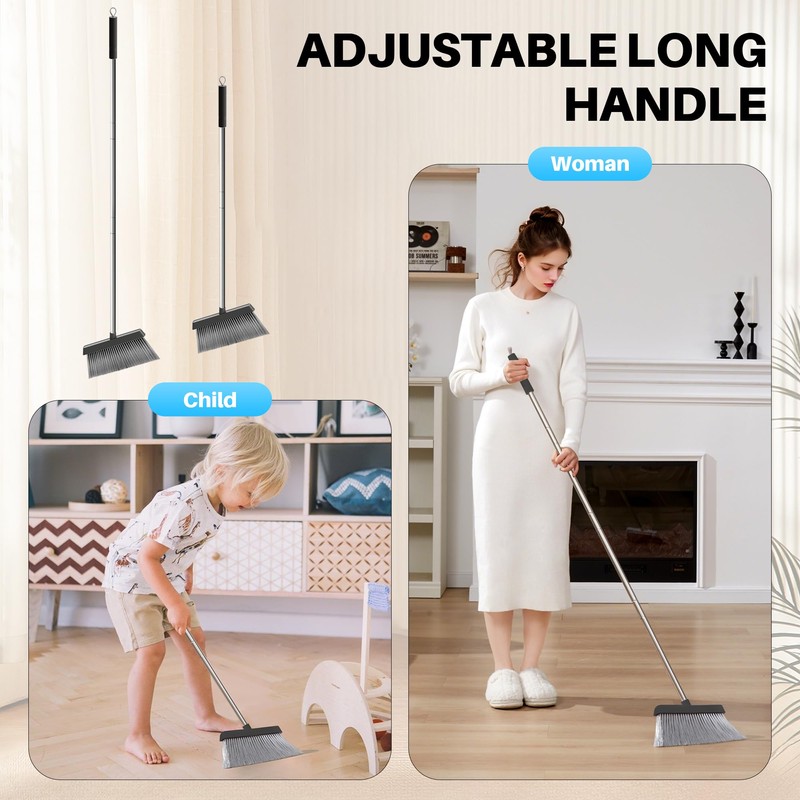 JOYMOOP Black Broom and Dustpan Set, Upright Angle Design with