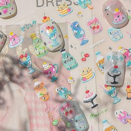 Summer Desserts Nail Art Stickers Colorful Ice Cream Drink Nail Decal 3D Embossed Self-Adhesive Cute Manicure Charm Decoration Bright Pegatinas Uñas for Women Finger Art Accessories