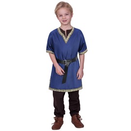 Kids Medieval Costume Boys Viking Tunic Knight Warrior Renaissance Shirts with Belt 3-4T Blue