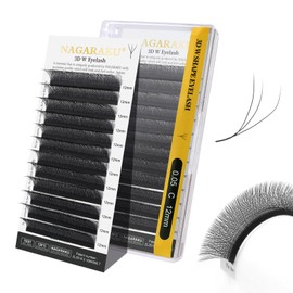 NAGARAKU 3D W Eyelash Extensions, Eyelash Extension, Self-Fanning Lash, Pre-Fanned Ready-to-Use Fan Weave with Long Handle, Premade Fans Volume Cluster, Mega Matte Black (0.05 mm C Curl, 12 mm)