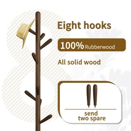 Solid Wood Round Base Coat Rack, Free Standing Hall Coat Tree with 8 Hooks（+2 spare) for Coats, Hats, Bags, Purses, for Entryway, Hallway, Rubberwood Hooks,Base and Pole(Round Base,Dark Walnut)