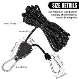 BREANIFULL Pack of 6 Guy Ropes with Rope Tensioner Black 1/8 Inch Ratchet Hanger Tent Cord with Tensioner 4 m Adjustable Rope Ratchet with Hook Diameter 4 mm Reflective Guy Ropes for Awning