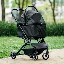 Pawccoli 4 Wheels Pet Stroller, Dog Stroller for Small/Medium Dogs and Cats up to 33 lbs, One-Click Fold & Draggable, Removable Carrier, Zipperless Entry, Mesh Windows, Black