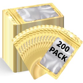 200 Pack Resealable Mylar Holographic Bags Food Storage Smell Proof Bags with Front Window Foil Packaging Pouch for Candy Sample Jewelry Small Business 3.15×5.51 Inch, Gold
