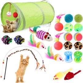 GeeRic Juguete para Gatos, 23PCS Juego de Juguetes interactivos para Gatos, Juguetes de Plumas de Gato, Pelota, Sonajero, Ratón de Juguete, Túnel de G