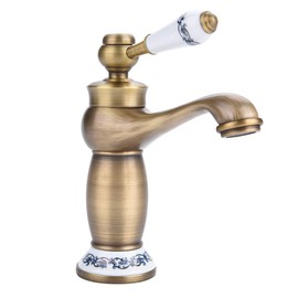 Ceramic Antique Brass Faucet Bathroom Sink Faucet Blue White Porcelain Long Neck Vintage Faucet Mixer Sink Tap Kitchen Cold/Hot Water Basin Tap(Antique)