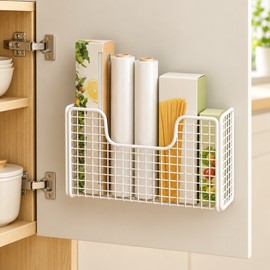 Metal Cabinet Door Storage Basket for Kitchen Organization – Space-Saving Hanging Rack for Plastic Wrap and Household Essentials