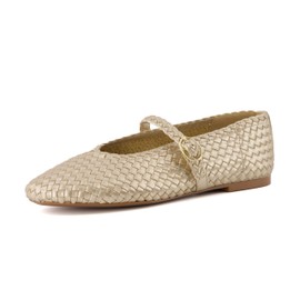 CUSHIONAIRE Women's Bistro Woven Mary Jane Flat +Memory Foam, Wide Widths Available, Woven Gold 9W