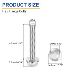 sourcing map 20Pcs M6 x 40mm Hex Serrated Flange Bolts Screws, 304 Stainless Steel Flanged Hex Head Bolts Flange Hexagon Screws for Households, Machine Tools, and DIY project, Silver
