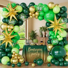 Bonropin Green and Gold Balloons Garland Arch Kit with Explosion Star-5 10 12 18 inch Dark Green Gold Confetti Latex Balloons for St Patricks Day Decorations Emerald Green Jungle Party