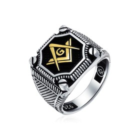 Men's Large Statement Solid Compass Freemason Masonic Signet Ring .925 Sterling Silver Tri Tone Black Gold Inlay