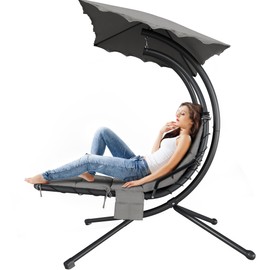 Chaise Lounger Swing Chair with Umbrella Canopy, Patio Hanging Chaise Lounger Chair with Stand, Curved Steel Outdoor Lounge Chairs for Indoor Patio Pool Garden Backyard Porch