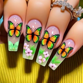 RUOKEXIN Coffin Press on Nails French Tip Fake Nails Sparkly False Nails with Butterfly Designs Long Nail Press ons Spring Glue on Nails Glossy Artificial Nails Cute Stick on Nails for Women 24Pcs