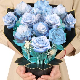 Flasoo Pop Up Flower Cards, Blue Rose Bouquet 3D Greeting Card Birthday Card for Women with Blank Notes and Envelope, Anniversary, Congratulations, Get Well Gifts Card for All Occasion
