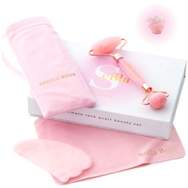Scilla Rose - Jade Roller - Rose Quartz Roller and Gua Sha Gift Set Box for Her- Pink Jade Roller and Guasha Face Massager- Superior, Anti-Ageing Facial Massage Skincare Tools - Gifts for Women