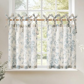 jinchan Floral Linen Tier Curtains 24 Inch Farmhouse Cafe Curtains Tie Top Botanic Drapes for Small Windows Over Sink for Kitchen Country Rustic Laundry Room Bathroom RV 2 Panels Blue on Beige