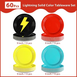Grencian 60Pcs Red Black Yellow Party Plates 9" Disposable Cartoon Game Birthday Party Supplies with Lightning Cartoon Animated Paper Platters for Kids Birthday Baby Shower Party Decorations