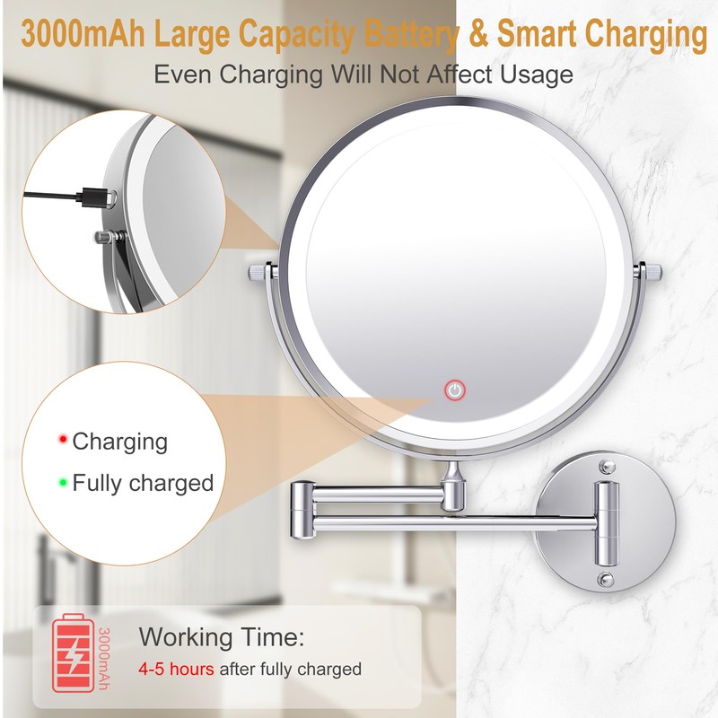 9 Inch Large Rechargeable Lighted Makeup Vanity Mirror Wall Mounted,