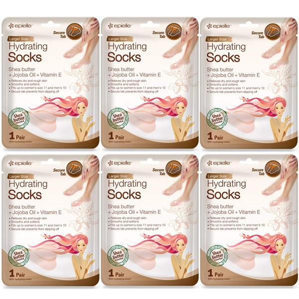 Epielle Hydrating Foot Masks (Socks 6pk) for foot cracked and dry heel to toe and callus Spa Masks - Shea butter + Jojoba Oil + Vitamin E Moisturize feet & soften cuticles and rough heels