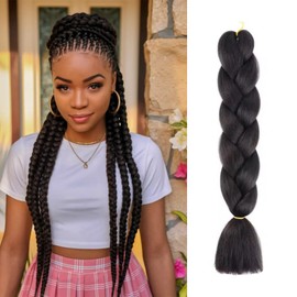 Black Braiding Hair Hair for Braiding 24 Inch 100G/Pcs 3PCS High Temperature Fiber Jumbo Braiding Hair Extensions (Natural Black 1B)