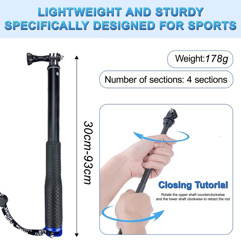 Snowtain Selfie Stick for GoPro, Waterproof Handle, 93 cm Extendable