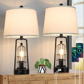 Farmhouse Table Lamps with 2 USB Ports, Set of 2 Rustic Industrial Desk Lamp for Living Room, 2-Light Black Bedside Lamp, Bedroom Nightstand Lamp with White Lampshade for House Decor, Reading