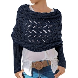 Scarf with Sleeves for Women, Knitted Cable Wrap, Multifunctional Knitted Crochet Shrugs, Double Sleeve Scarf Wrap Navy Blue