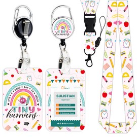 Cosmisun Teacher Lanyard Badge Holder - Rainbow Teacher ID Badge Holder with Detachable Lanyard Tiny Humans Badge Reel Retractable Back to School Appreciation Gifts for Teachers Women Student Office