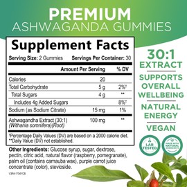 Ashwagandha Gummies for Women & Men, 3000mg Equivalent, Vegan, Plant Based, Non-GMO, Gluten-Free & Gelatin Free, Ashwagandha Supplement for Natural Antioxidant Support, Ashwa Root Extract - 60 Gummies