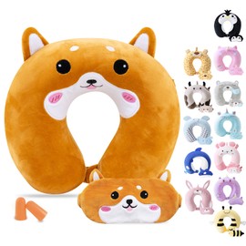Cirorld Travel Pillow for Kids Adult Cute Neck Pillow for Traveling Memory Foam Airplane Pillow Sleep Mask Animal Flight Pillow Head Rest Neck Support for Cars Long Flights (Dog, 9-12 Y/O)